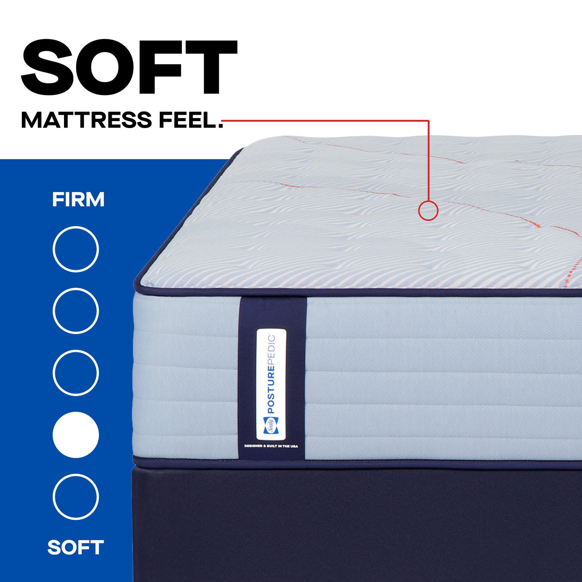 Sealy A+ Content Firmness Scale 1-5 (1 being Soft, 5 being Firm) Dot filled in 4. Soft