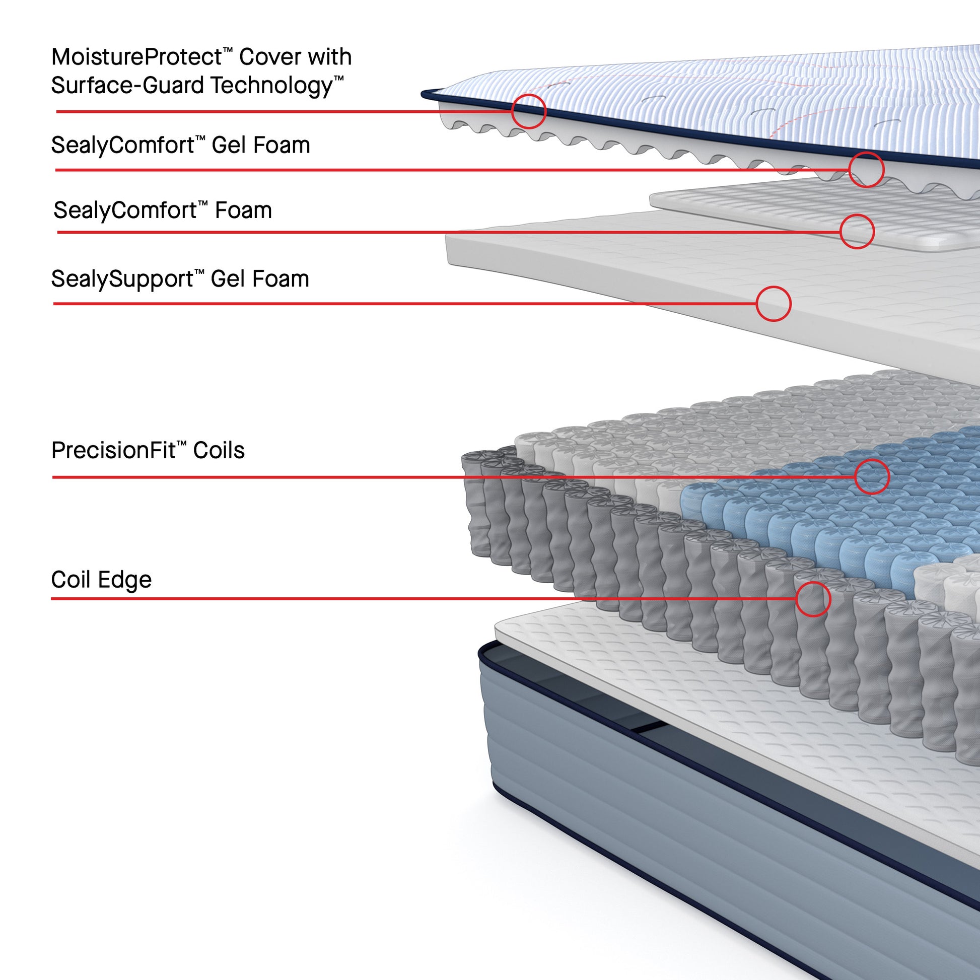 Sealy A+ Content Mattress Layers MoistureProtect Cover with Surface-Guard Technology, SealyComfort Gel Foam, SealyComfort Foam, SealySupport Gel Foam, PrecisionFit Coils, Coil Edge