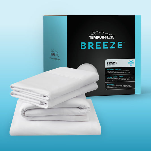 Tempur-pedic TEMPUR-Breeze® Cooling Sheets stack next to its packaging.