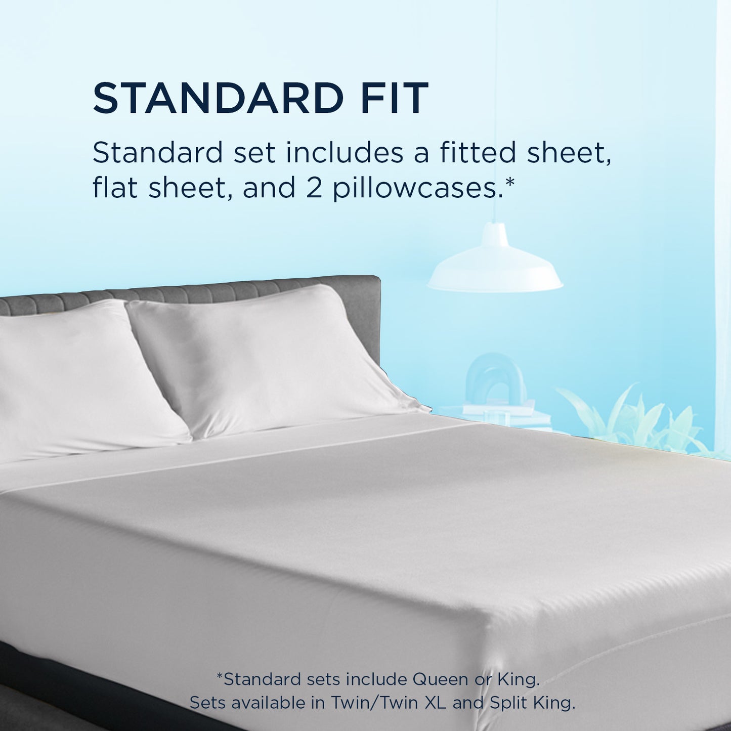 Tempur-pedic TEMPUR-Breeze® Cooling Sheets standard set includes a fitted sheet, flat sheet, and 2 pillowcases. Standard sets include Queen or King. Sets available in Twin/Twin XL and Split King.