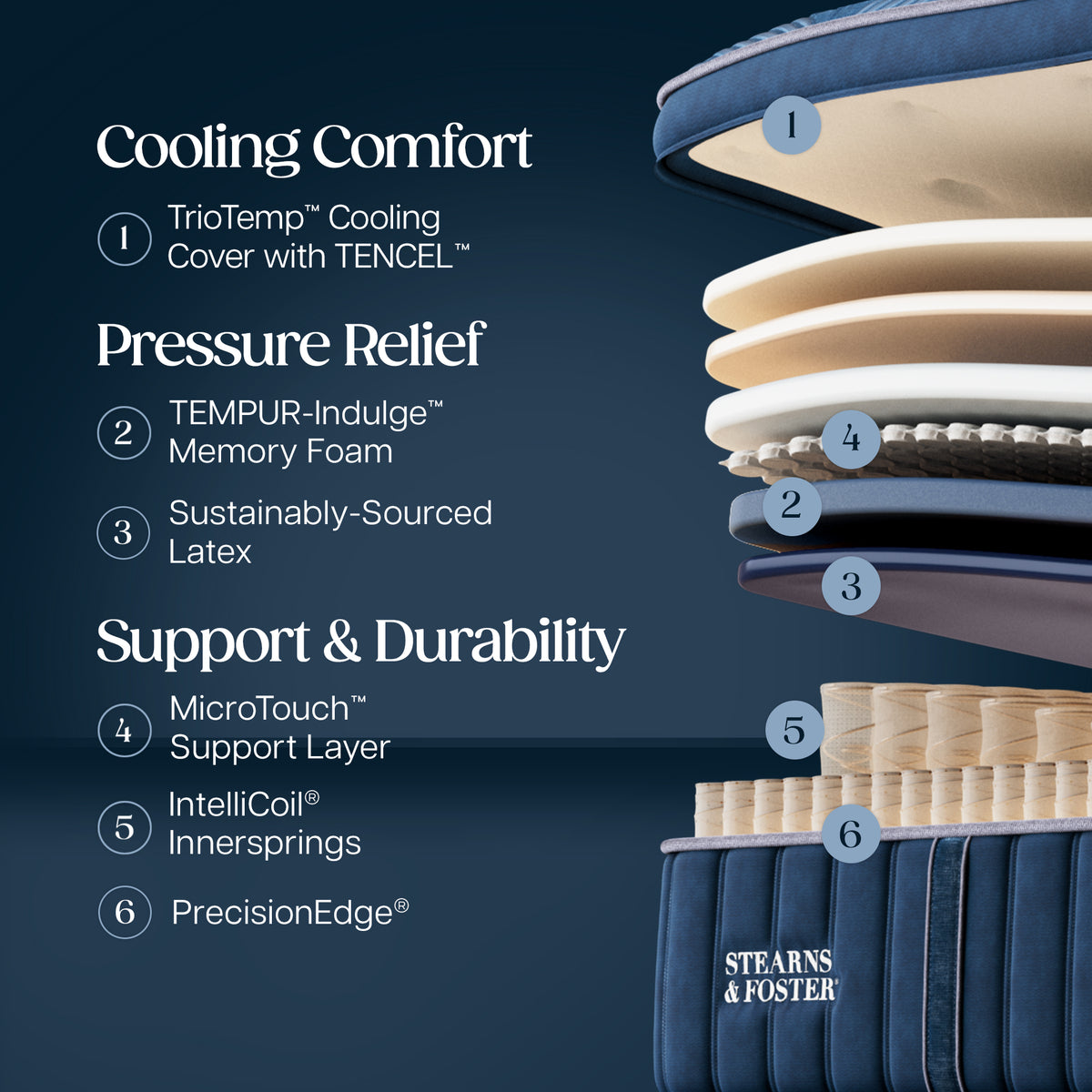 Stearns & Foster Legacy Firm Pillow Top Mattress II -  Cooling Comfort:
1. TrioTemp Cooling Cover with TENCEL
Pressure Relief:
2. TEMPUR-Indulge Memory Foam
3. Sustainably-Sourced Latex
Support & Durability:
4. MicroTouch Support Layer
5. Intellicoil Innersprings
6. PrecisionEdge