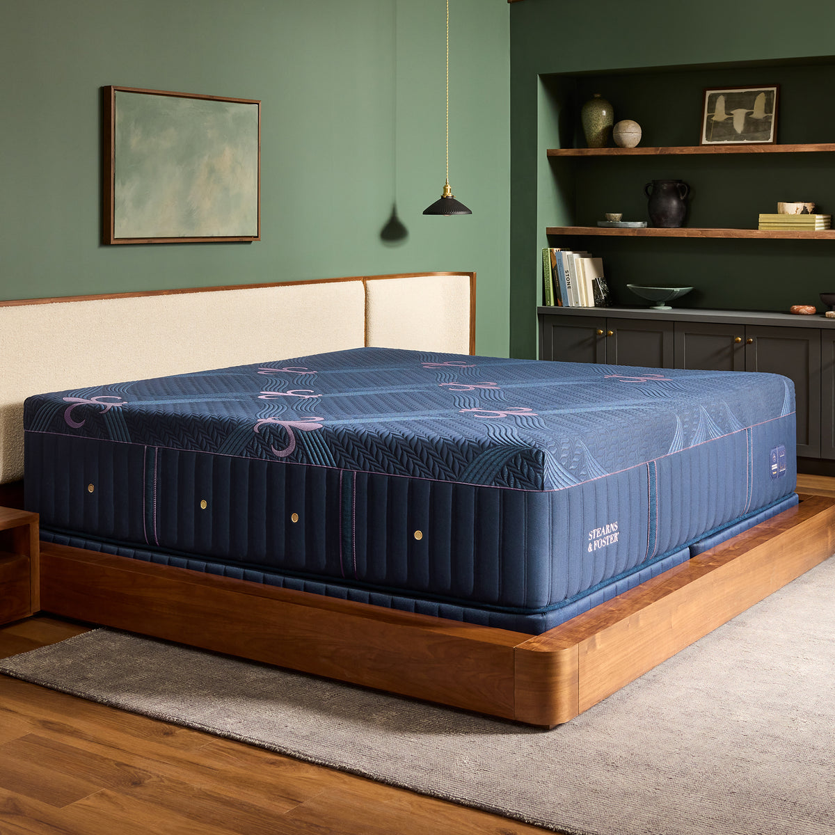 Stearns & Foster Legacy Medium Hybrid Mattress II angled in a bedroom