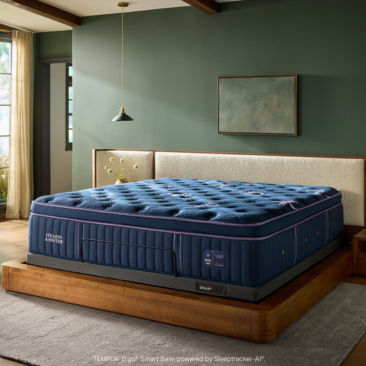 Stearns & Foster Legacy Medium Pillow Top Mattress II angled in a bedroom
