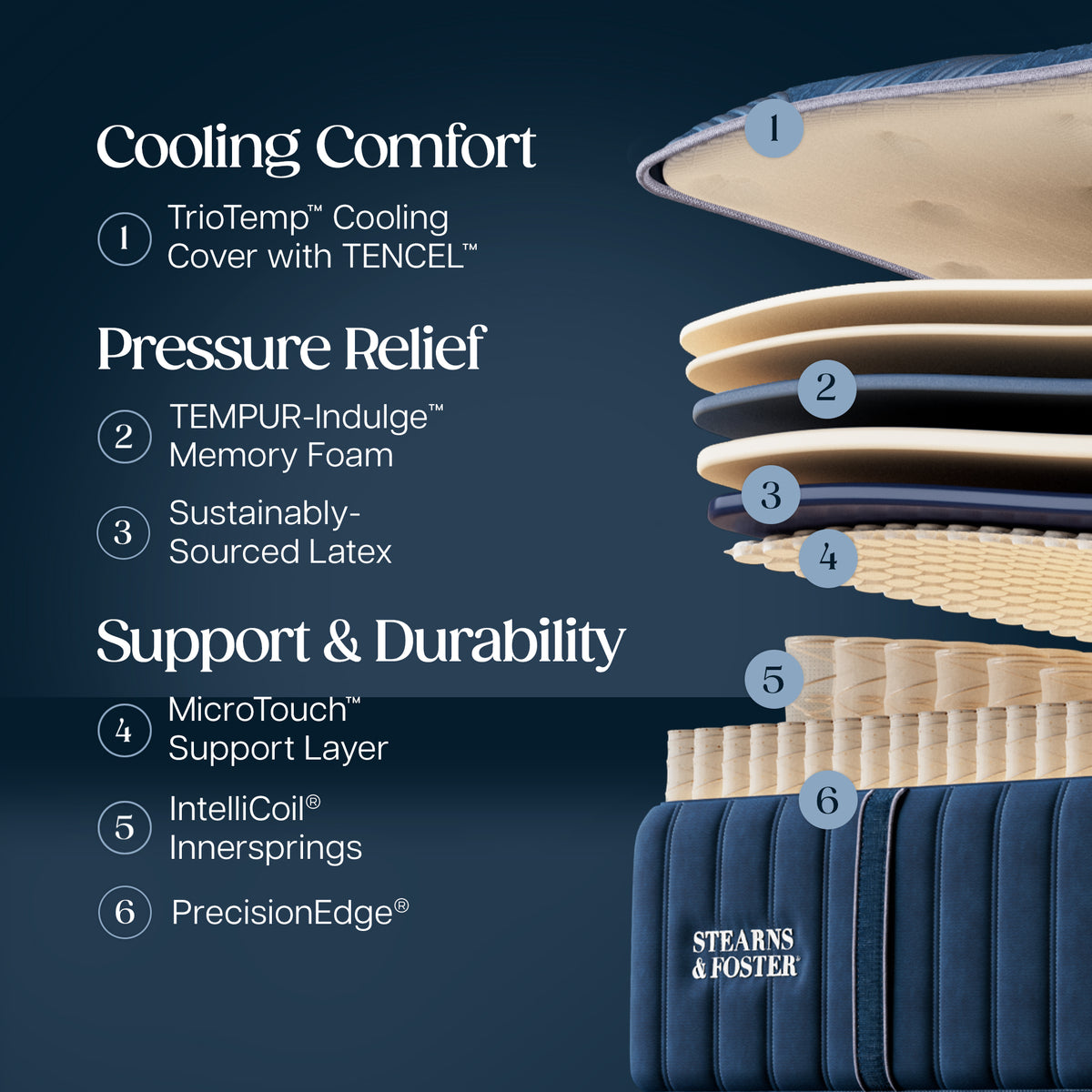 Stearns & Foster Legacy Ultra Firm Mattress II - Cooling Comfort:
1. TrioTemp Cooling Cover with TENCEL
Pressure Relief:
2. TEMPUR-Indulge Memory Foam
3. Sustainably-Sourced Latex
Support & Durability:
4. MicroTouch Support Layer
5. Intellicoil Innersprings
6. PrecisionEdge