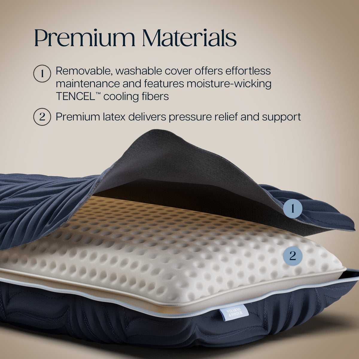Stearns & Foster Estate Pillow - product image - Premium Materials:
1. Removable, washable cover offers effortless maintenance and features moisture-wicking TENCEL™ cooling fibers
2. Premium latex delivers pressure relief and support