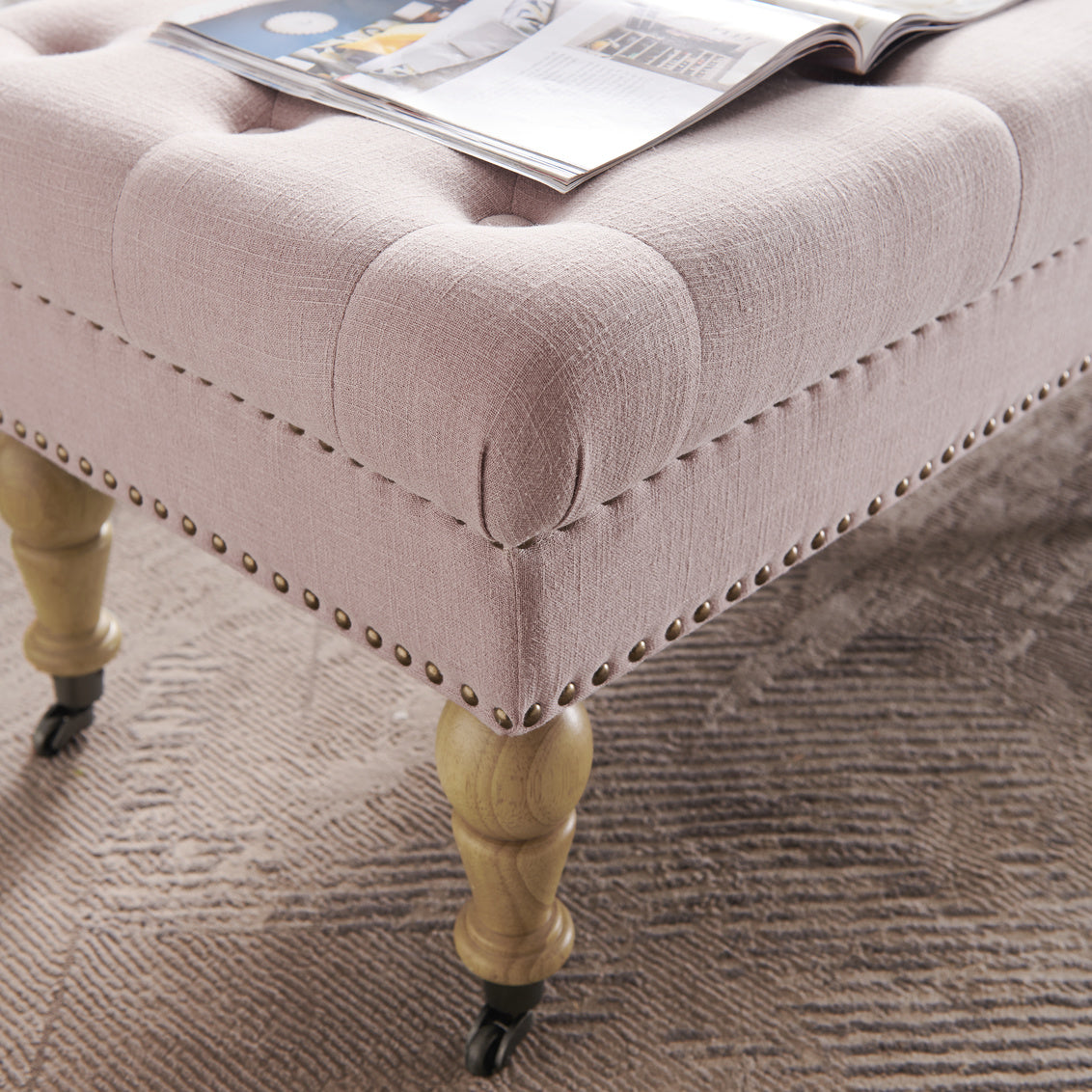 Isabelle 62" Upholstered Bench in Washed Pink-closeup