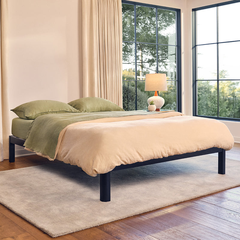 Purple Metal Platform Bed Frame bedroom lifestyle image.