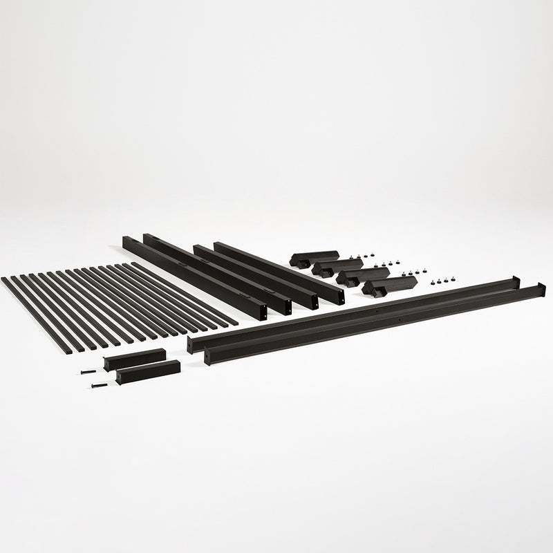 Purple Metal Platform Bed Frame assembly items.