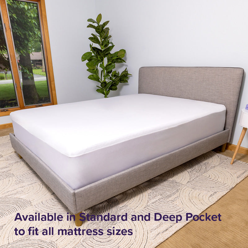 Purple Waterproof Mattress Protector full bed image. Available in standard and deep pocket to fit all mattress sizes.
