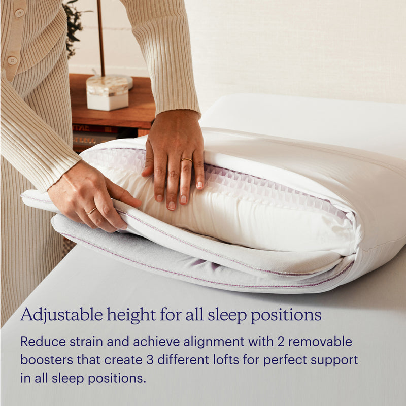 Purple DreamLayer™ Pillow - Adjustable height for all sleep positions. Reduce strain and achieve alignment with two removable boosters that create three different lofts for perfect support in all sleep postions.