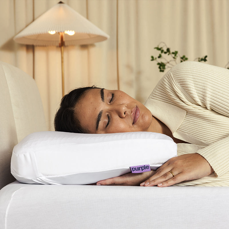 Purple DreamLayer™ Pillow - lifestyle side shot with mode.