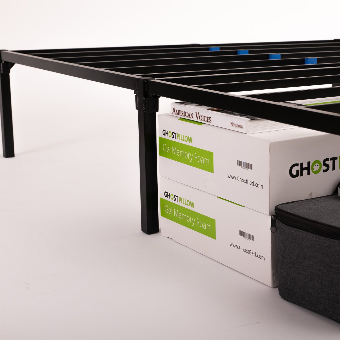 GhostBed All-in-One Foundation underneath storage can fit two shoeboxes high