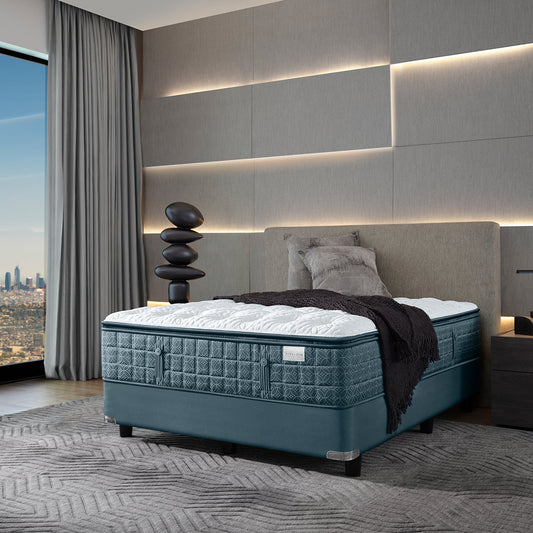Aireloom Symphony Plush Mattress In A Modern Minimalist Style Apartment Overlooking A City