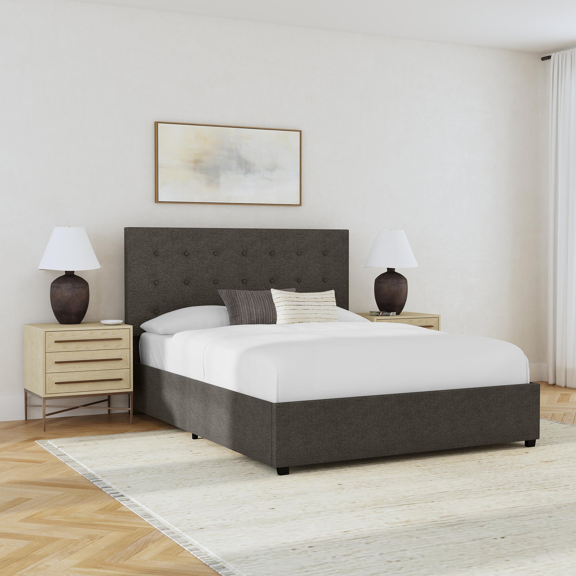 Rize Home Aspen Upholstered Platform Bed lifestyle image 3/4 view