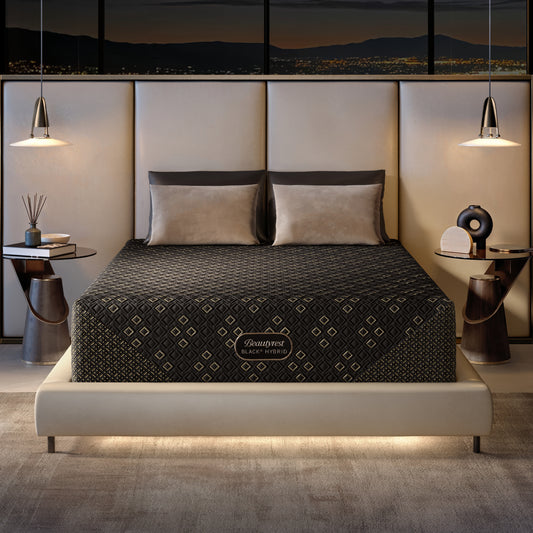 Beautyrest Black Series Four XCS Hybrid Firm Mattress in a bedroom