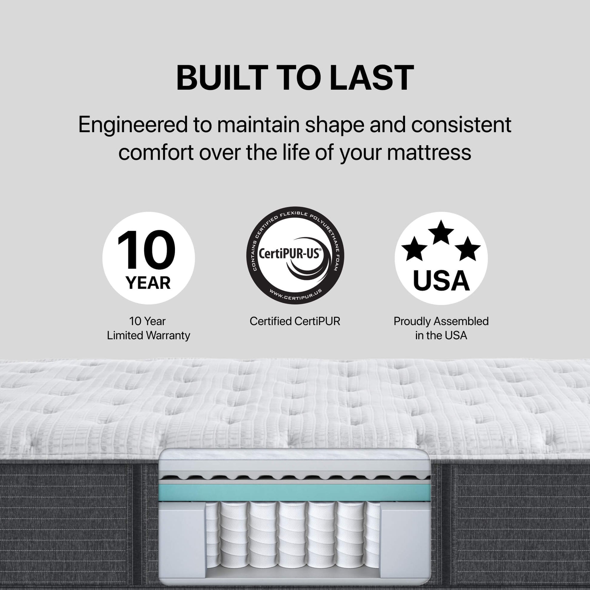 Beautyrest Silver® BRS900-C Plush Built to Last. Engineered to maintain shape and consistent comfort over the life of your mattress. 10 Year Limited Warranty. Certified CentiPUR. Proudly Assembled in the USA.