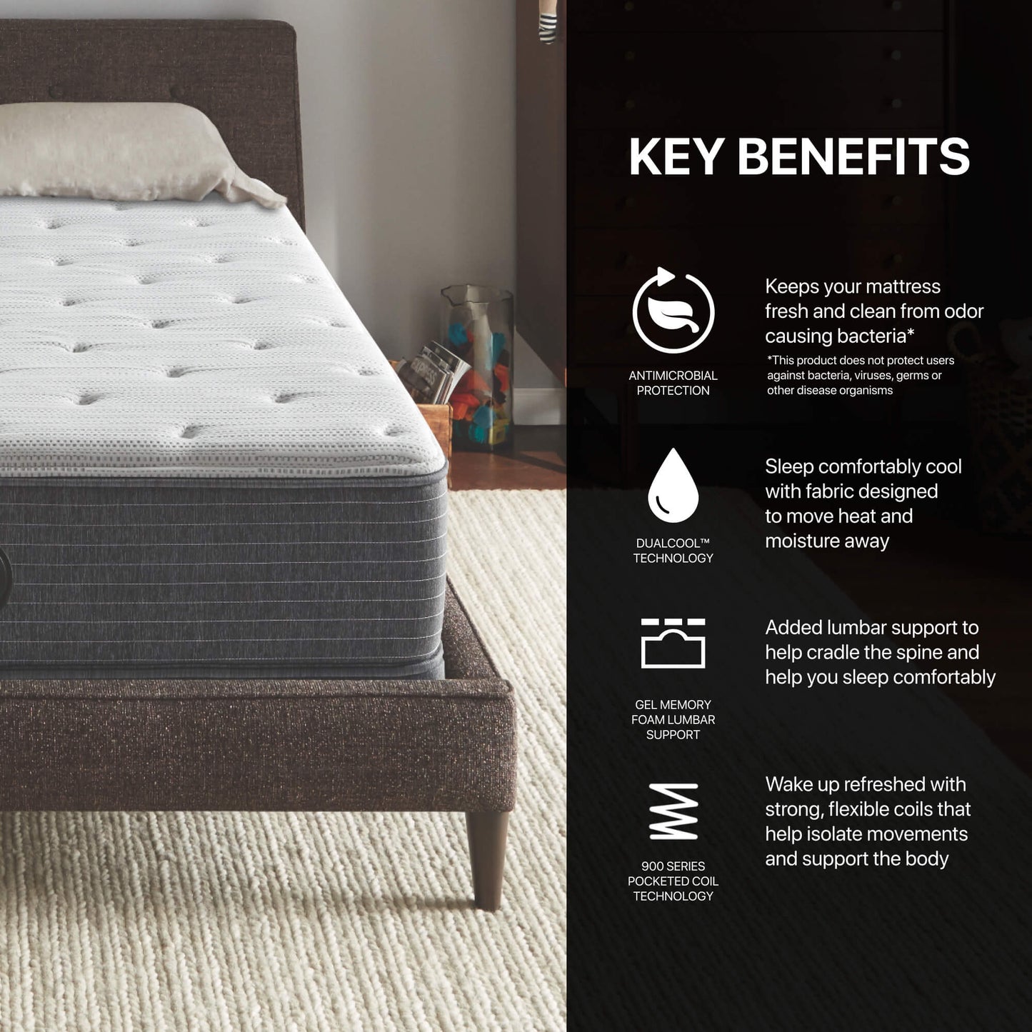 Beautyrest Silver® BRS900 Plush Mattress Key Benefits.  Antimicrobial Protection. DualCool Technology. Gel Memory Foam Lumbar Support.900 Series Pocketed Coil Technology.