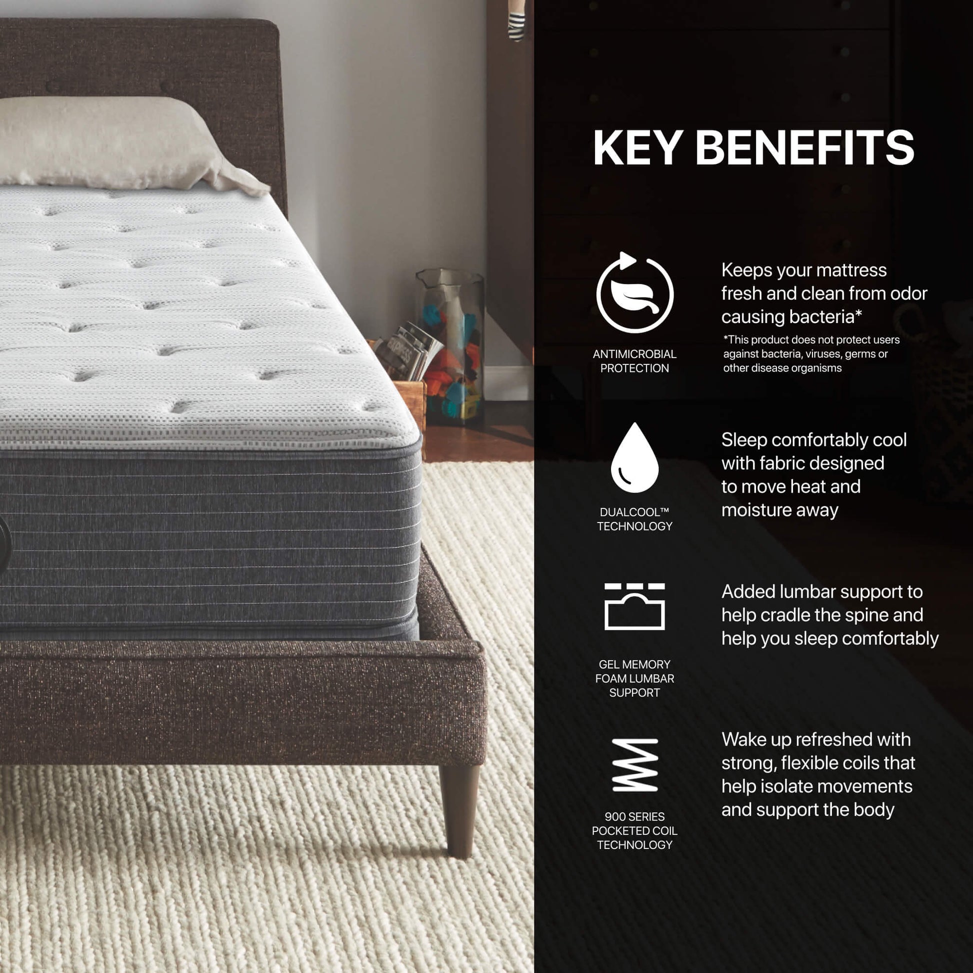 Beautyrest Silver® BRS900 Plush Mattress Key Benefits.  Antimicrobial Protection. DualCool Technology. Gel Memory Foam Lumbar Support.900 Series Pocketed Coil Technology.