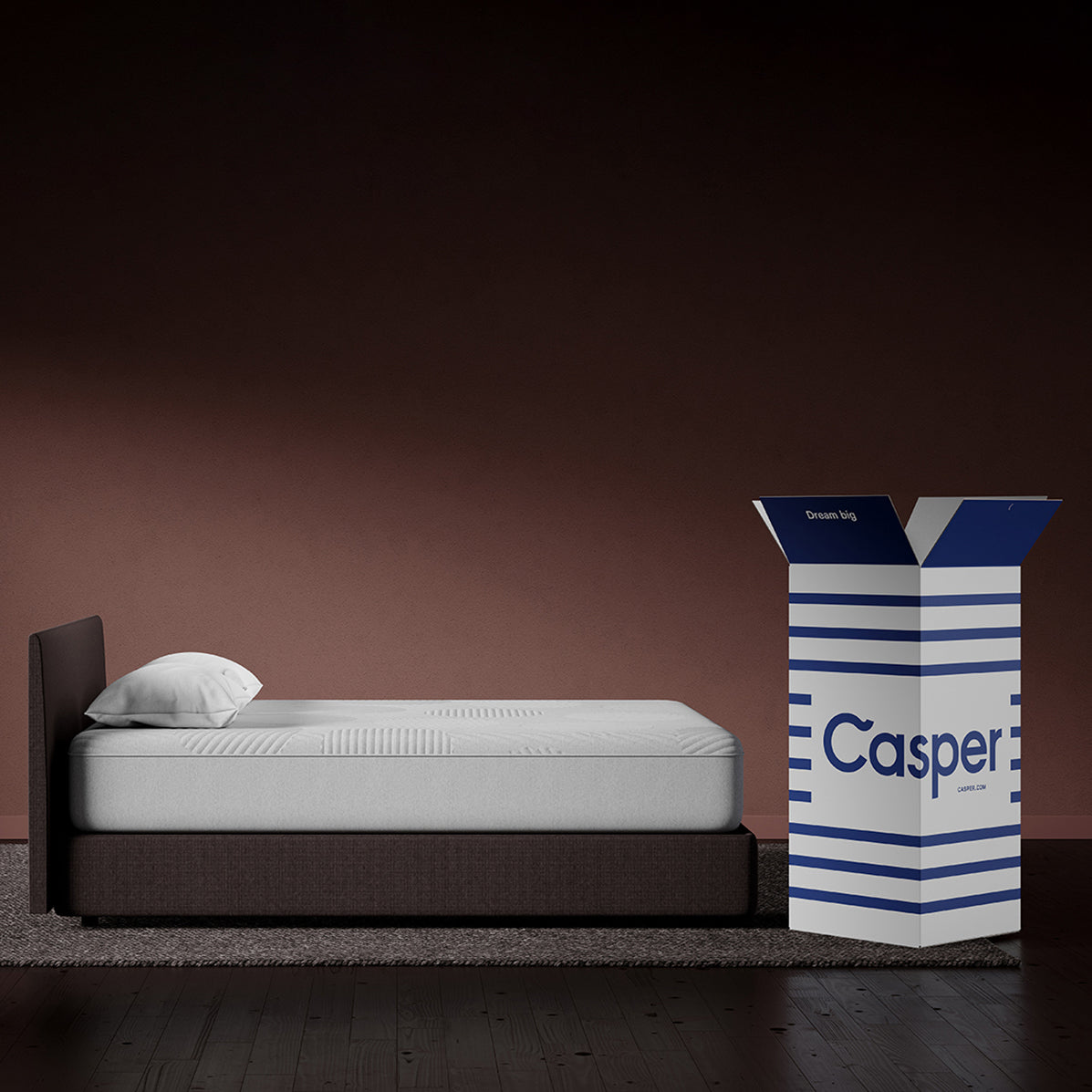 Casper Nova Hybrid Mattress On Bed In Bedroom With Box Packaging