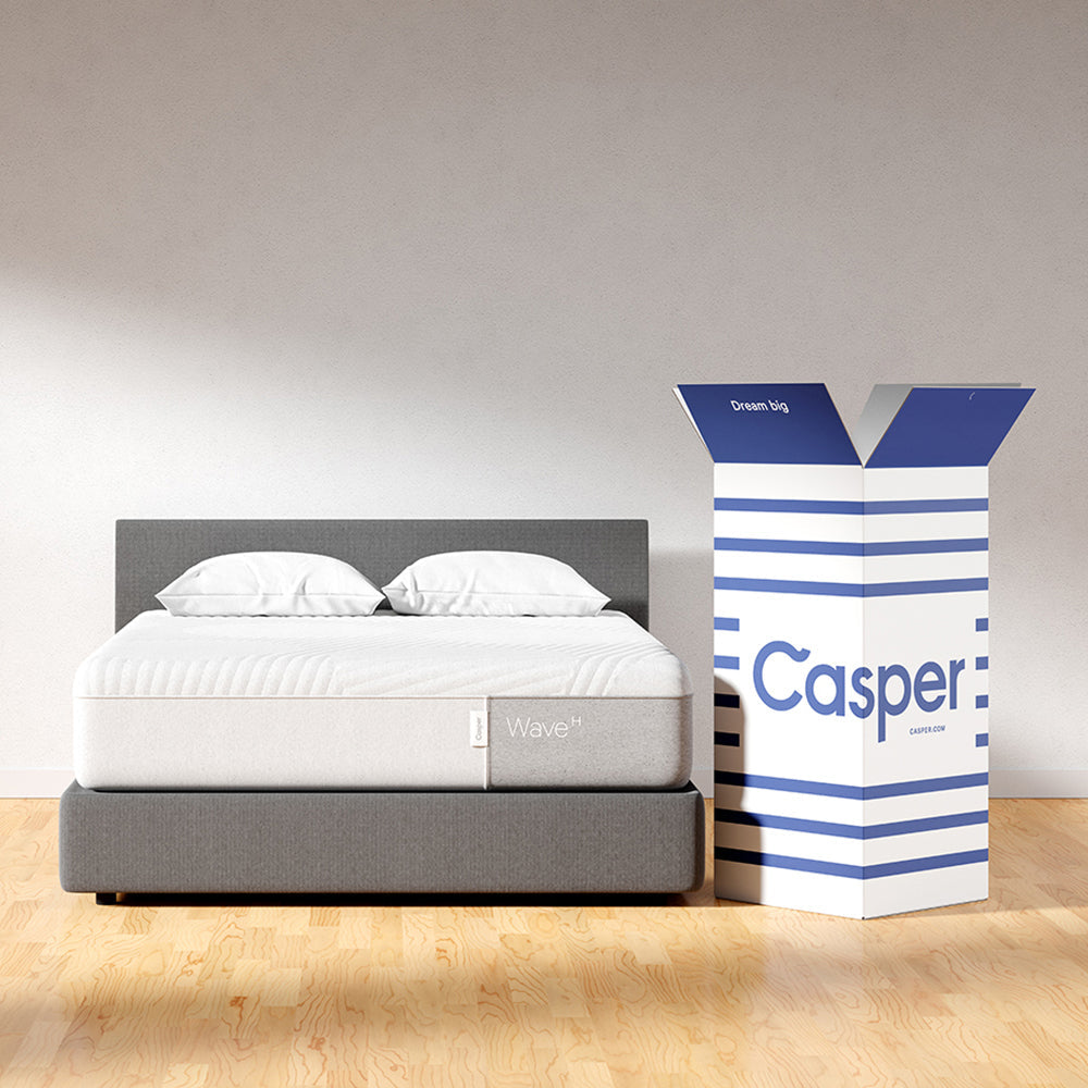 Casper Wave Hybrid Mattress On Bed In Bedroom With Box Packaging