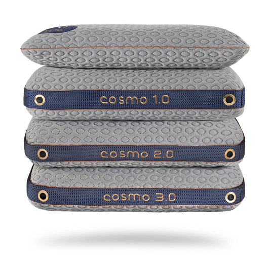 Bedgear Cosmo Performance Pillows stacked 0.0, 1.0, 2.0, 3.0 from top to bottom