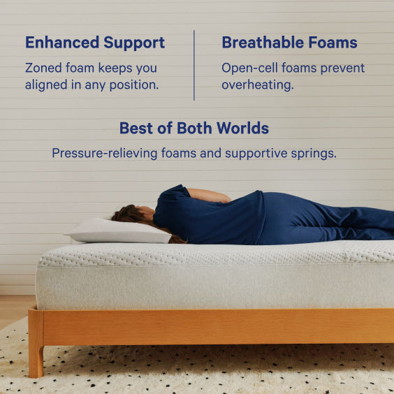 Casper Dream Hybrid Mattress. Enhanced Support.  Zoned foam keeps you aligned in any position. Breathable Foams. Open-cell foams prevent overheating. Best of Both Worlds. Pressure-relieving foams and supportive springs.