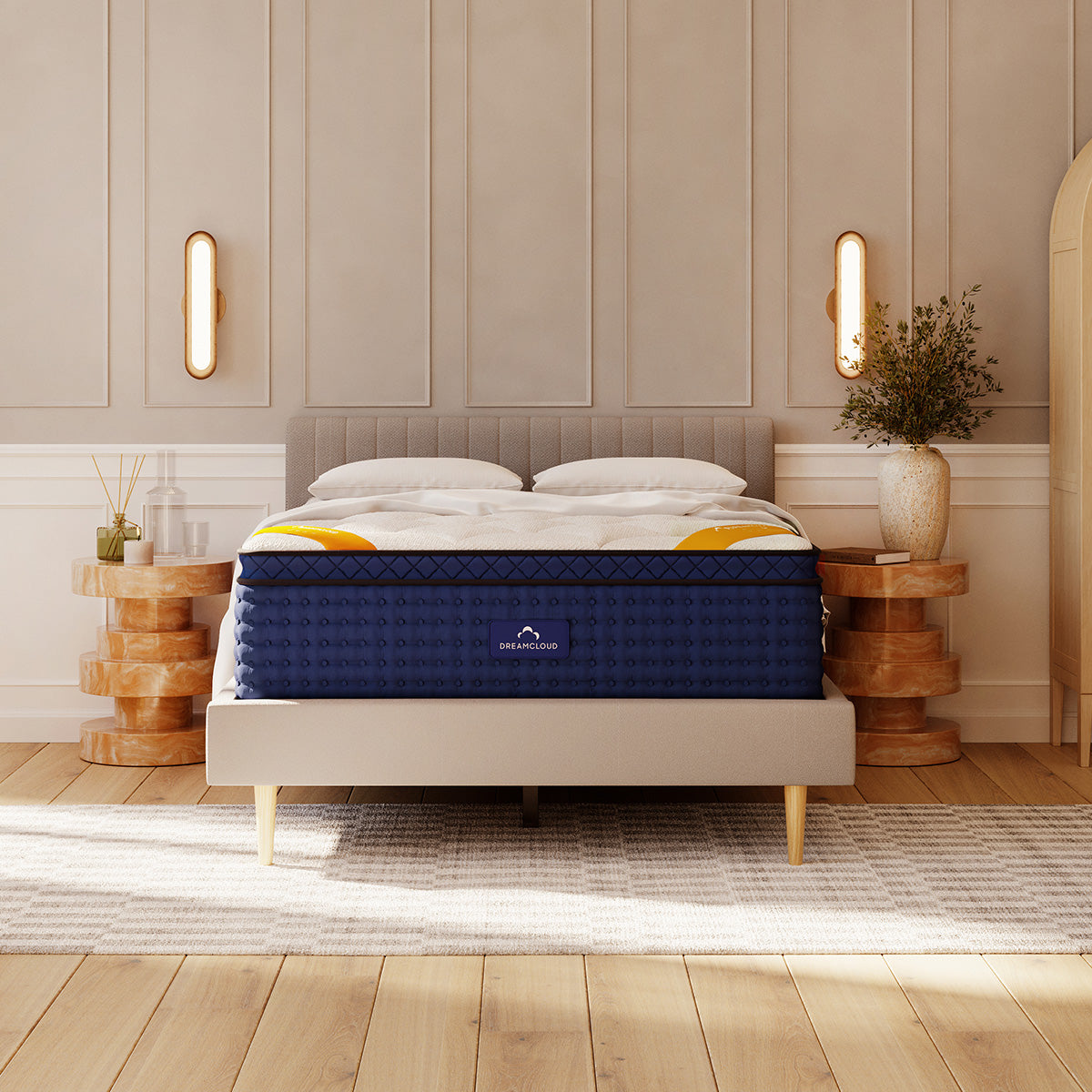 The DreamCloud Premier Rest Hybrid Mattress In Bedroom Front View