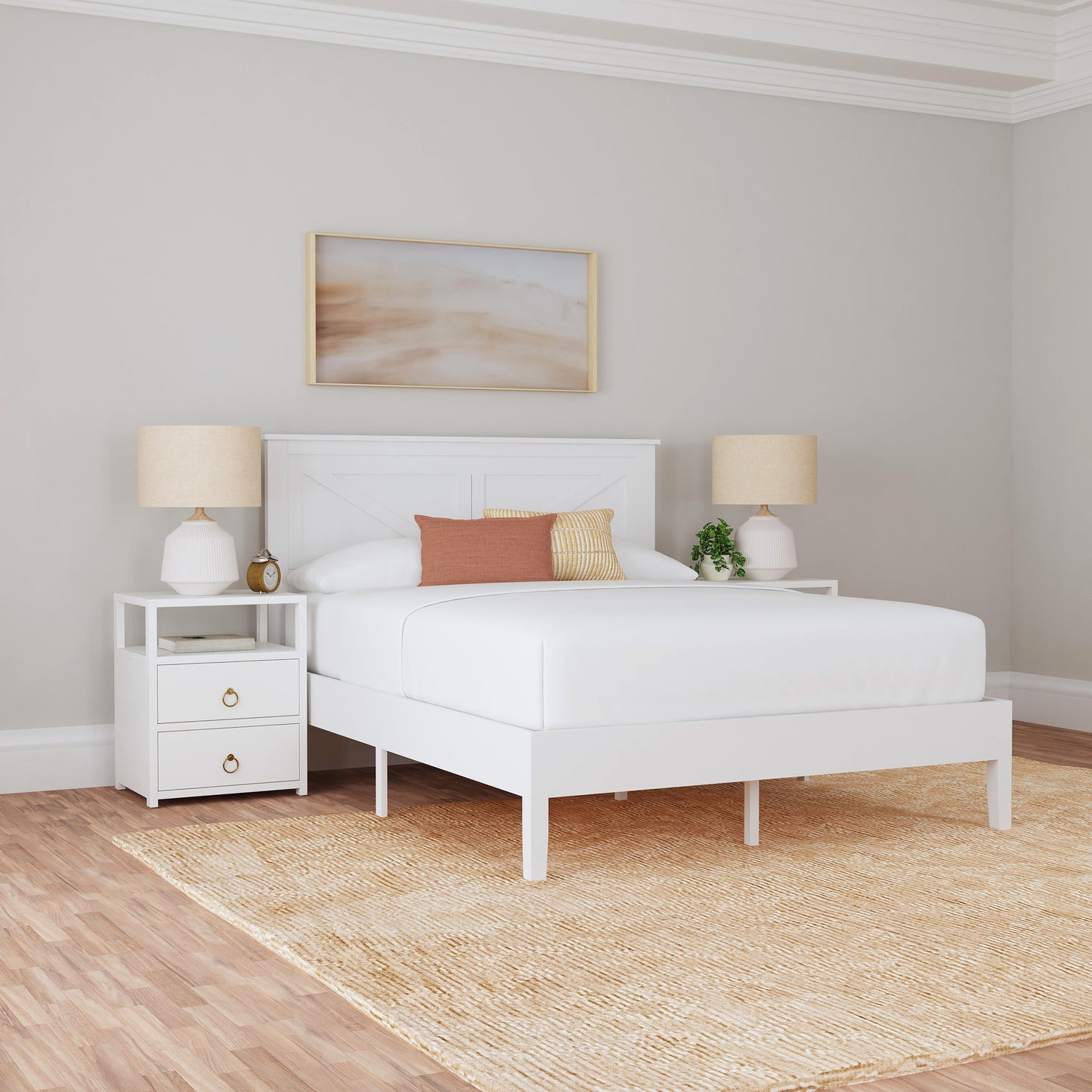 Rize Home Farmhouse Wood Platform Bed in White - lifestyle angled view