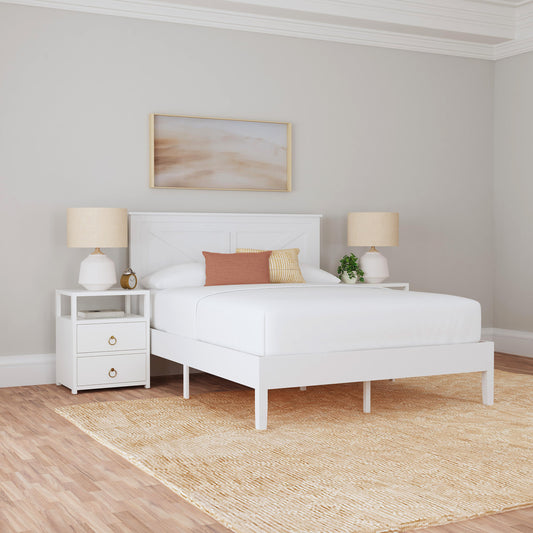 Rize Home Farmhouse Wood Platform Bed in White - lifestyle angled view