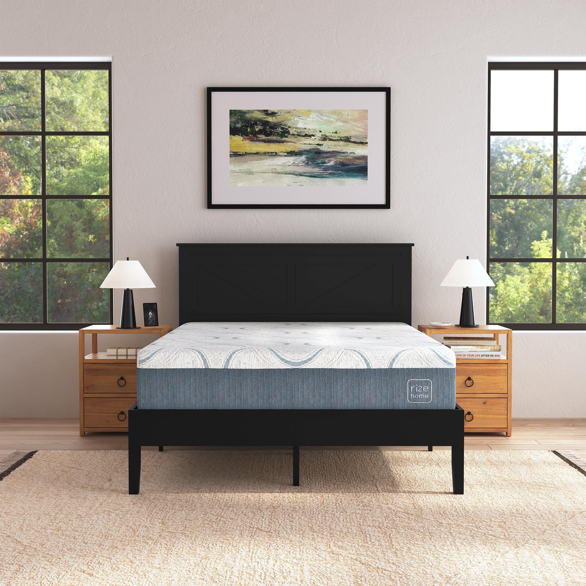 Rize Home Farmhouse Wood Platform Bed in Black - lifestyle front view
