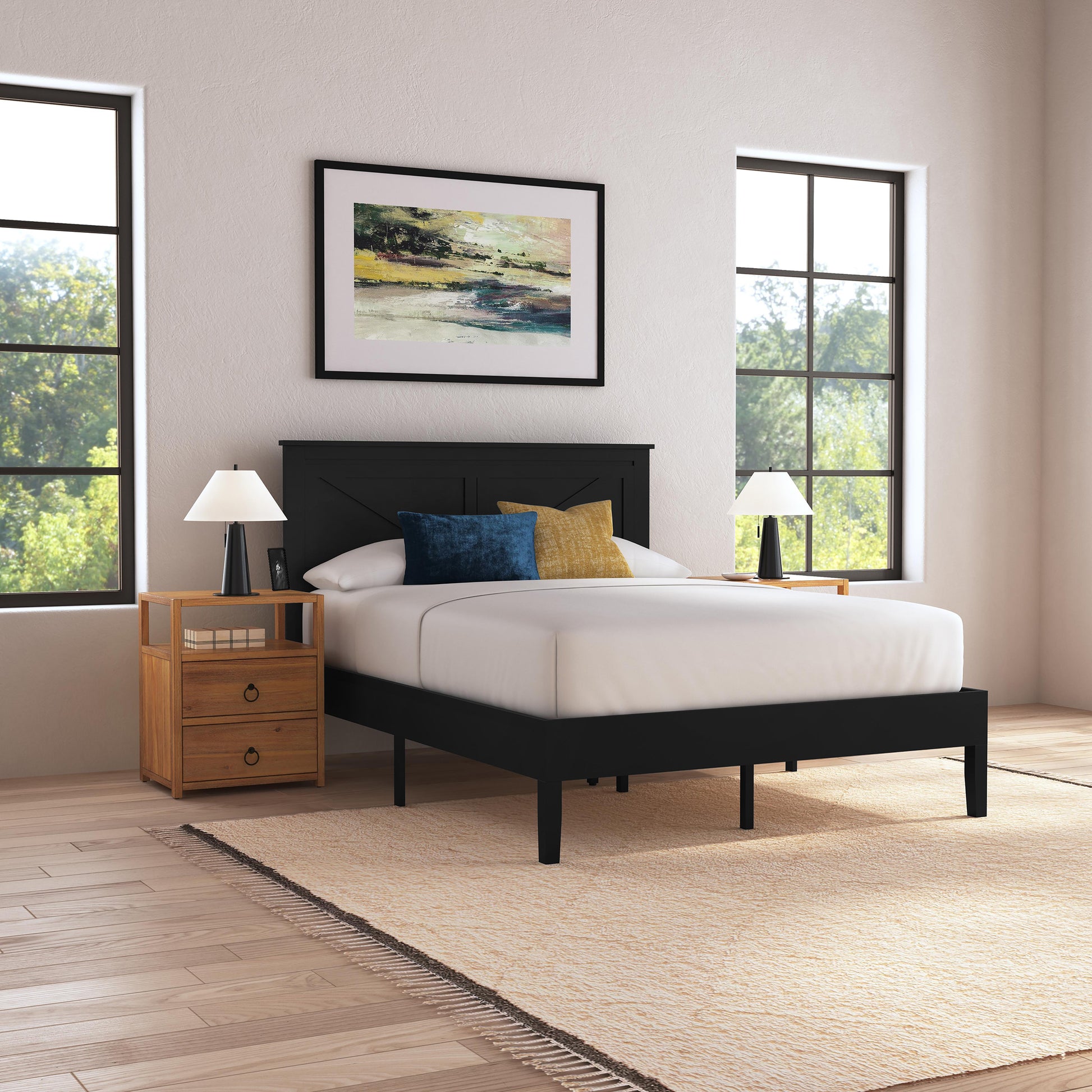 Rize Home Farmhouse Wood Platform Bed in Black - lifestyle angled view