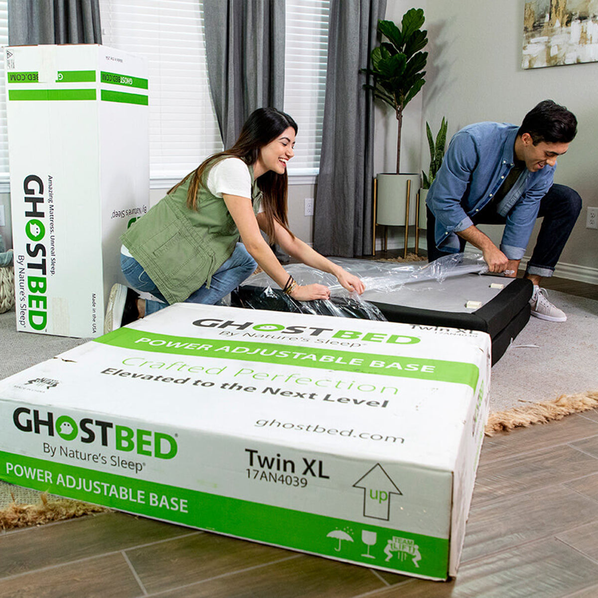 Couple unboxing their new GhostBed Adjustable Base