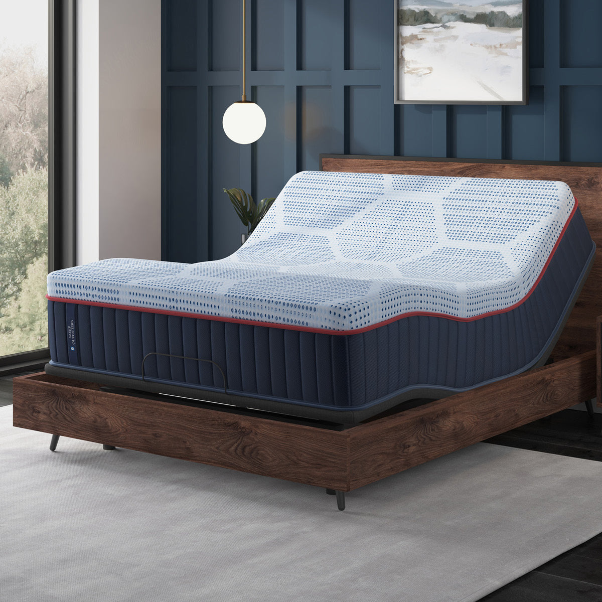 Sealy® Sleep Outfitters Atlas Soft Hybrid Mattress on an adjustable base bedroom image