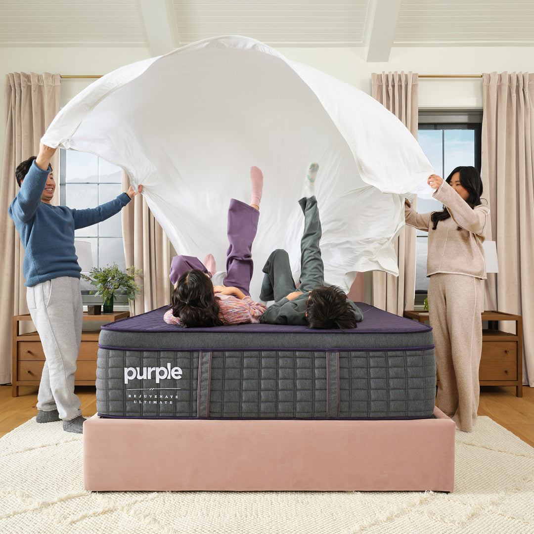 Purple Rejuvenate Ultimate bedroom lifestyle image with family.