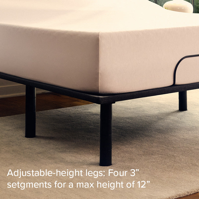 Purple Adjustable Bed Base with adjustable-height legs: Four three inch segments for a max height of twelve inches.