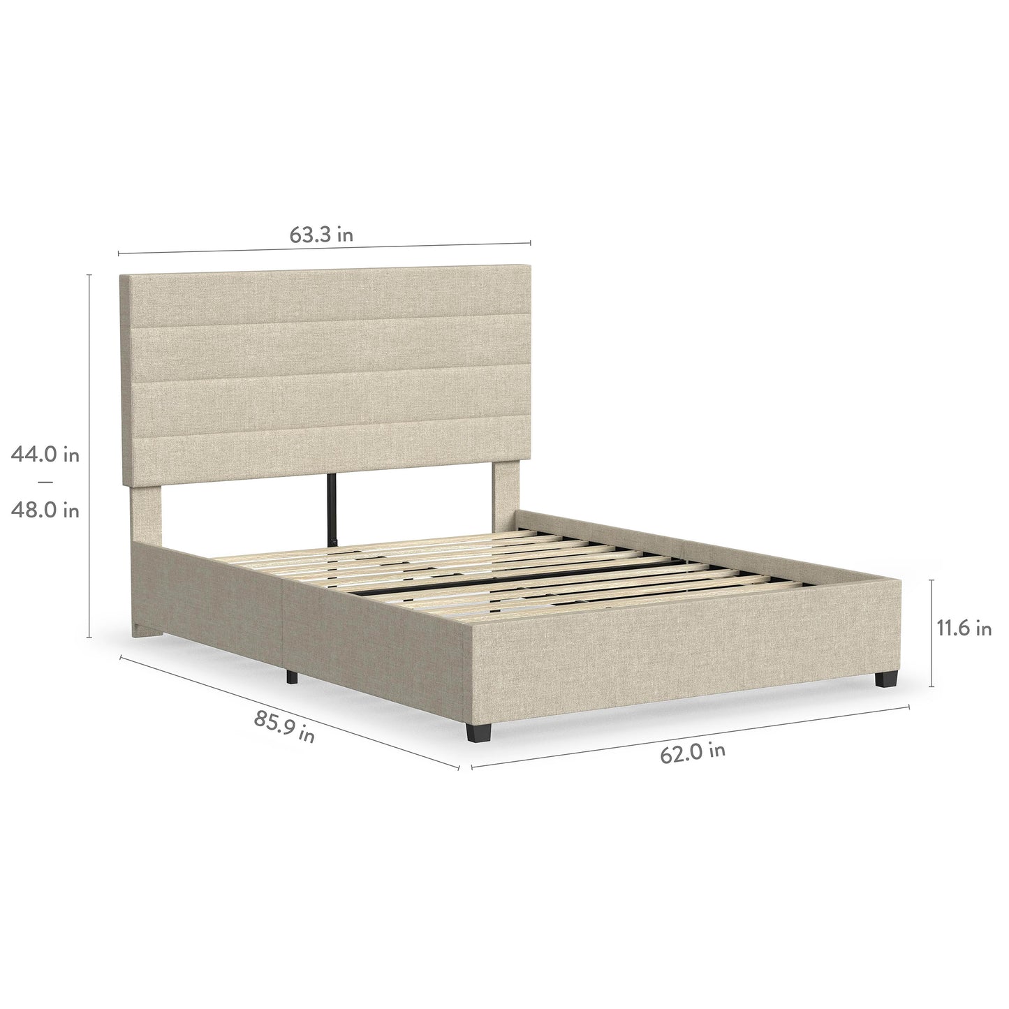 Rize Home Willow Upholstered Platform Bed in Tan - product measurements