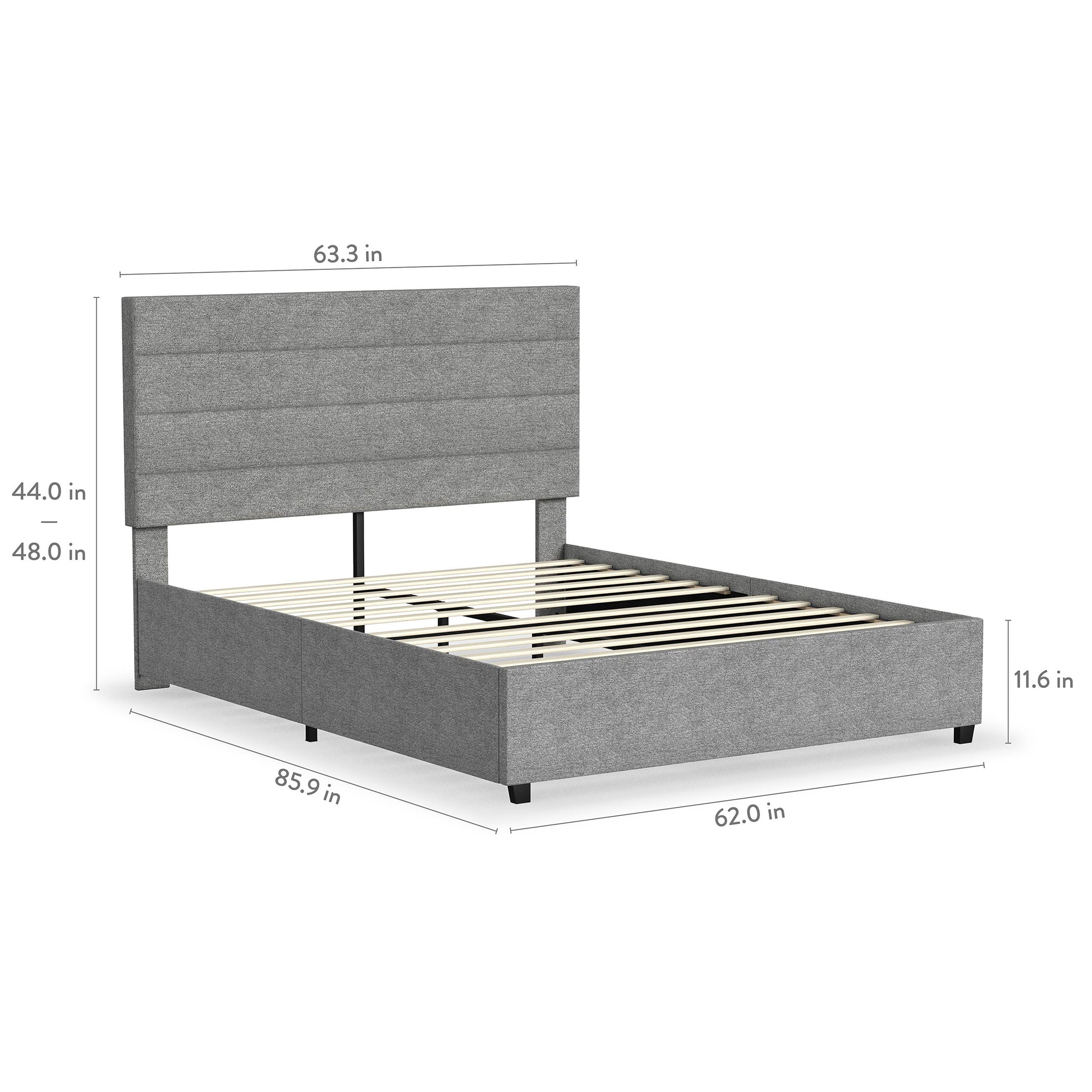 Rize Home Willow Upholstered Platform Bed in Light Grey - product measurements