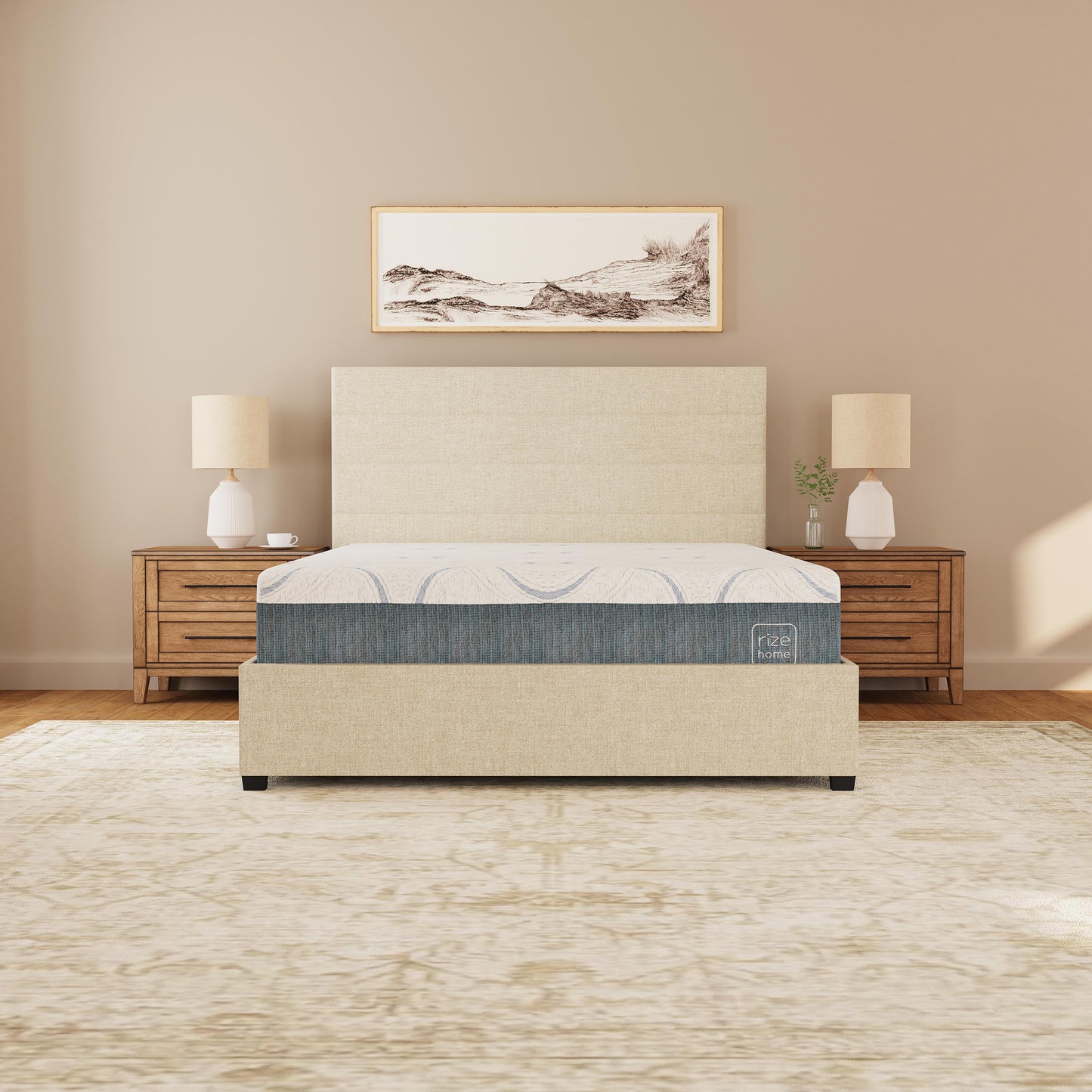 Rize Home Willow Upholstered Platform Bed in Tan - lifestyle front view
