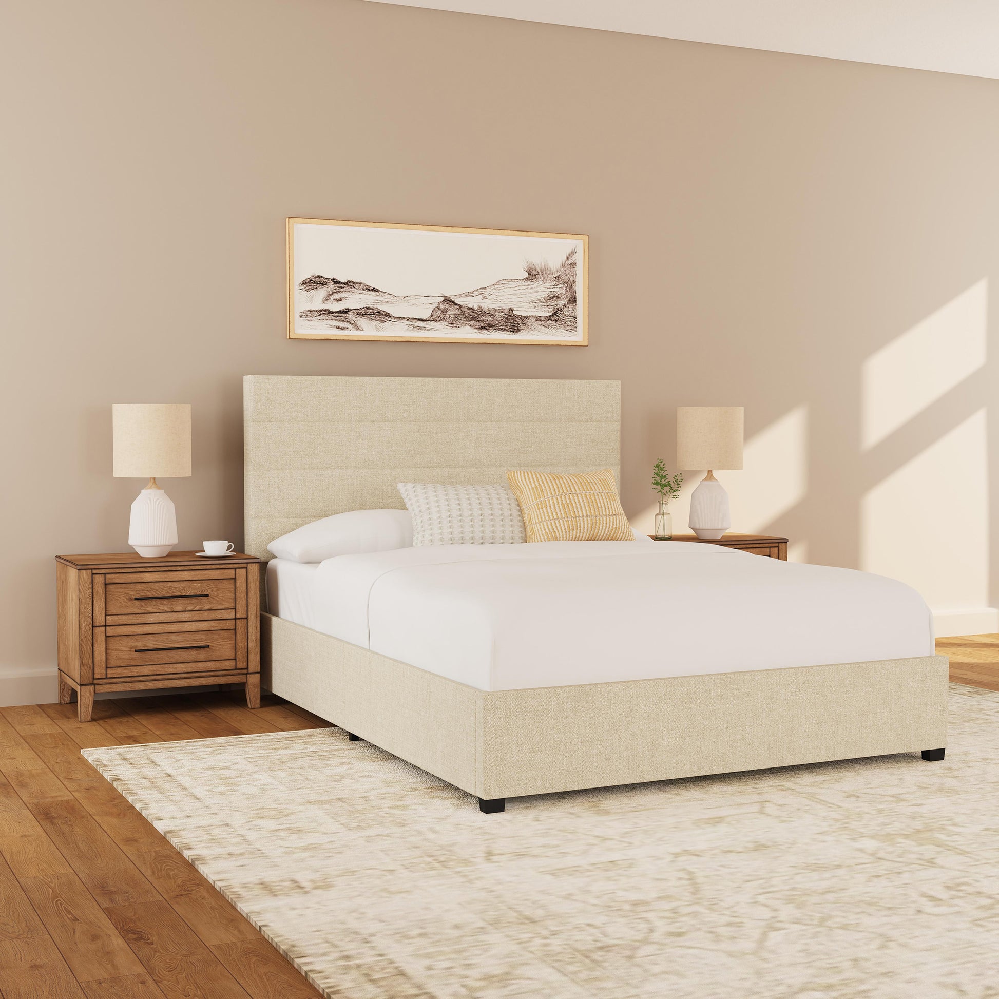 Rize Home Willow Upholstered Platform Bed in Tan - lifestyle 3/4 view