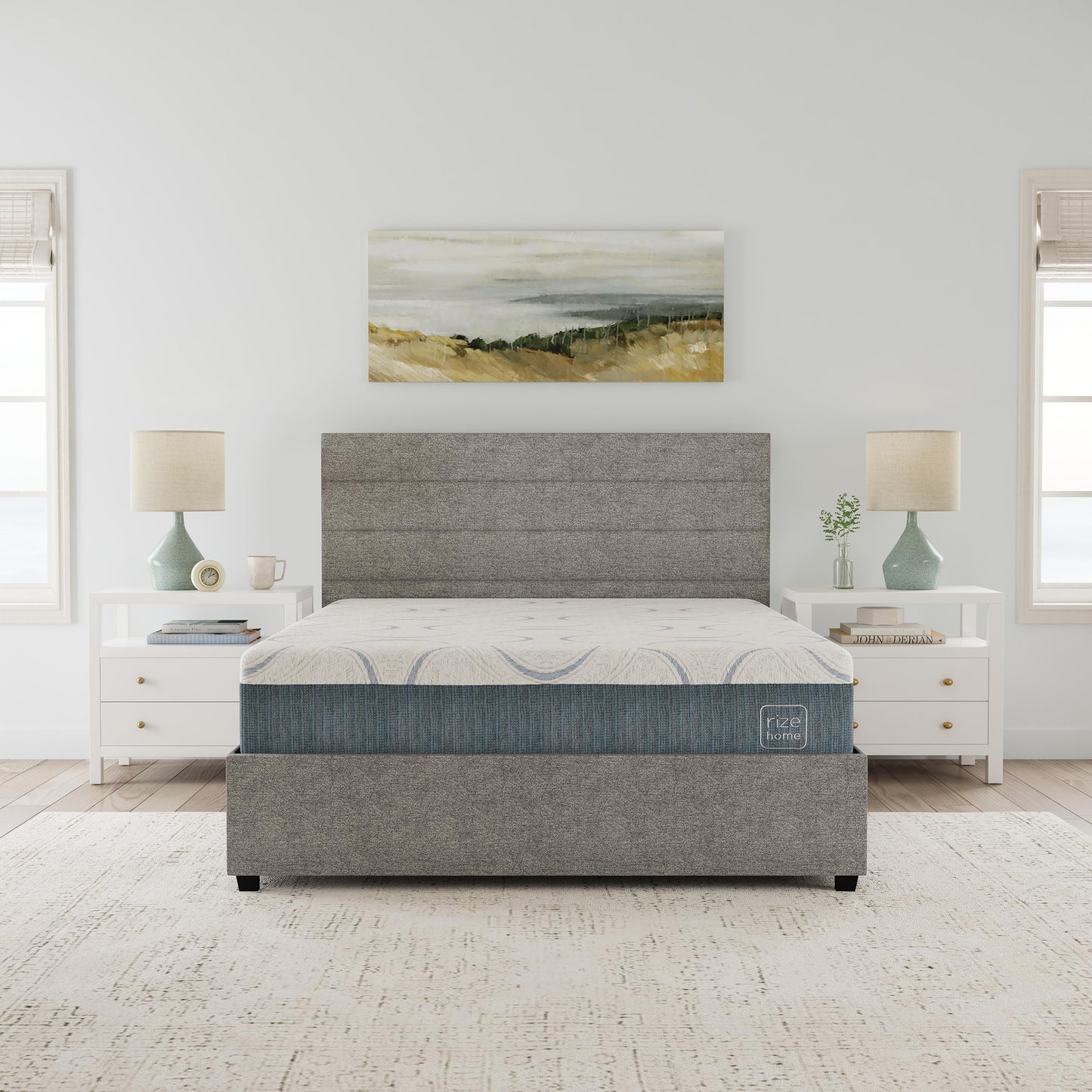 Rize Home Willow Upholstered Platform Bed in Light Grey - lifestyle front view