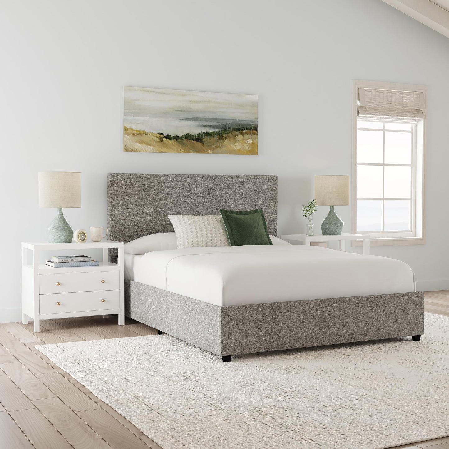 Rize Home Willow Upholstered Platform Bed in Light Grey - lifestyle 3/4 view