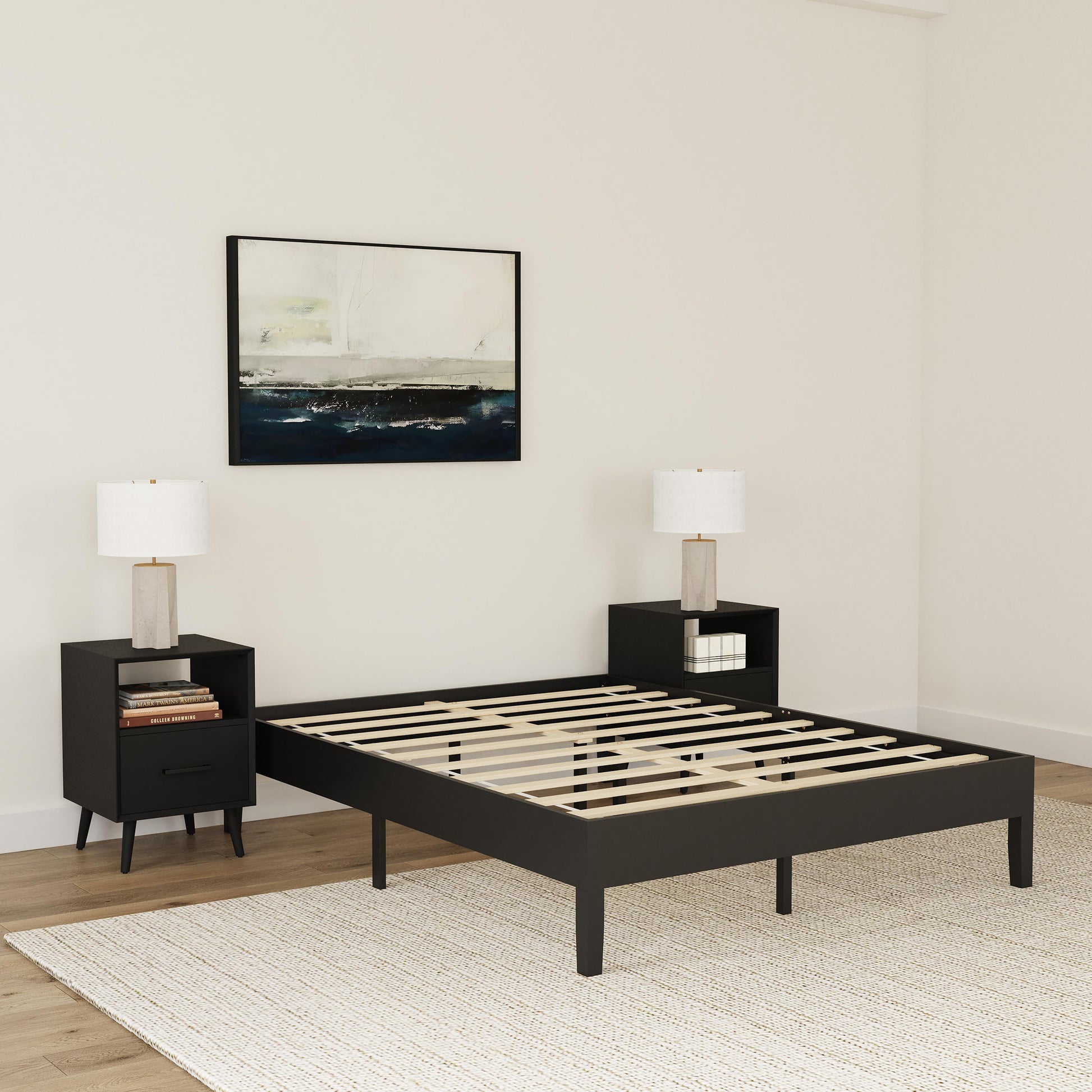 Rize Home Wood Platform Bed in Black - lifestyle 3/4 view