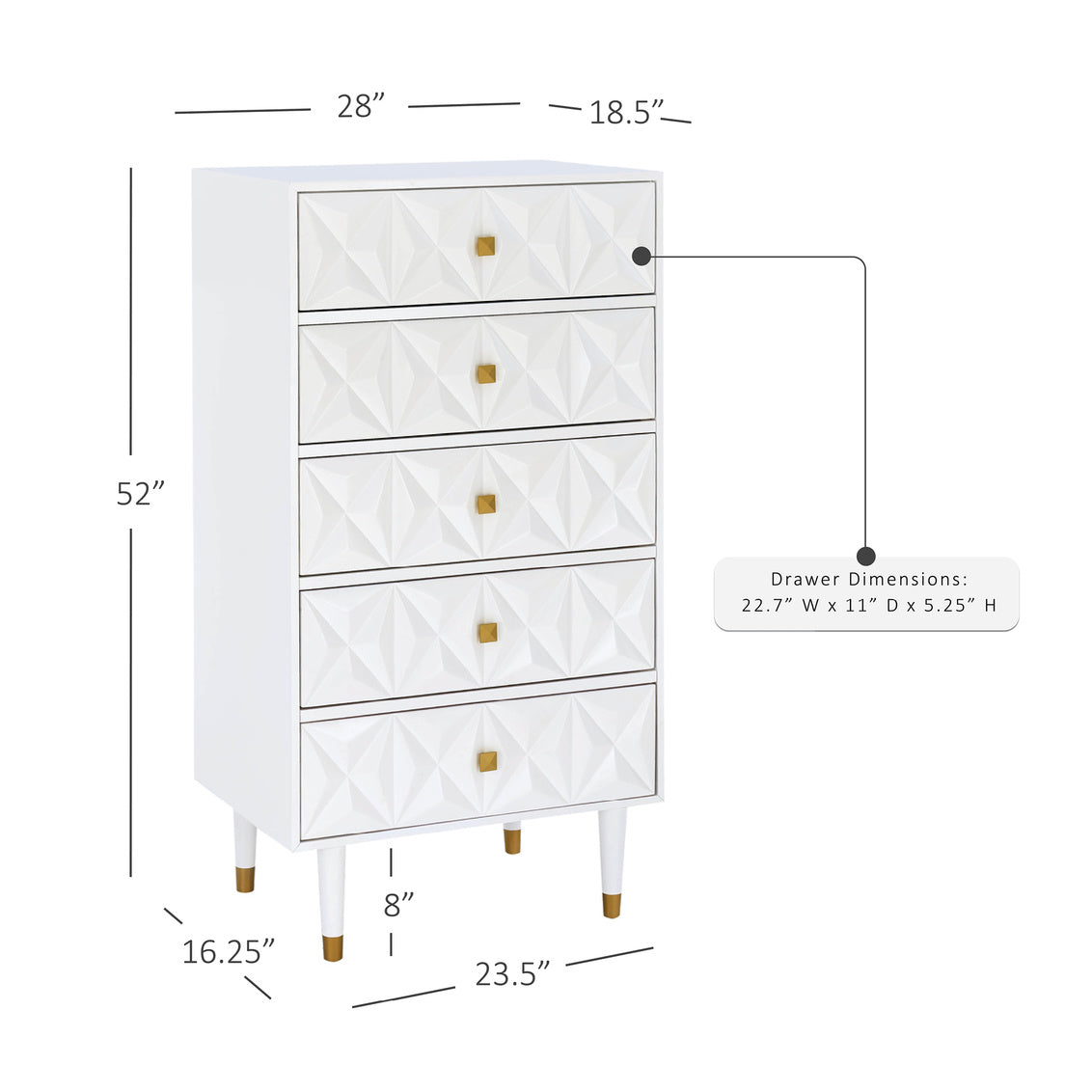 Geo 5-Drawer Dresser in White-measurements