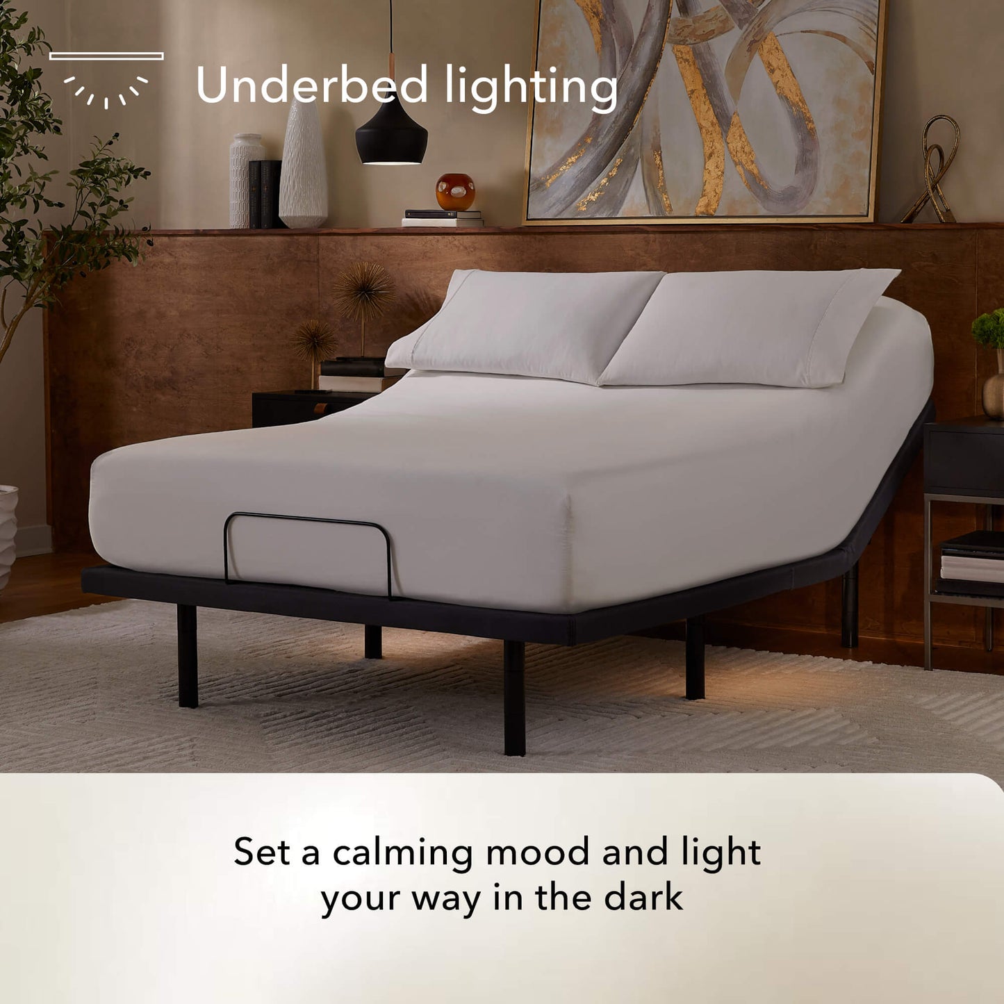 baselogic Pearl Adjustable Bed Base - In room with underbed lighting feature